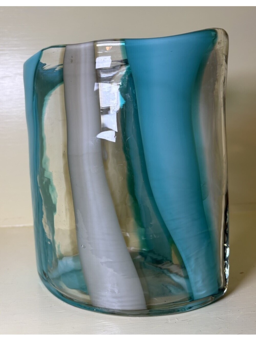 VTG Murano Sommerso Style Swirl Art Oval Vase Turquoise Blue White 7.5x7x4 In